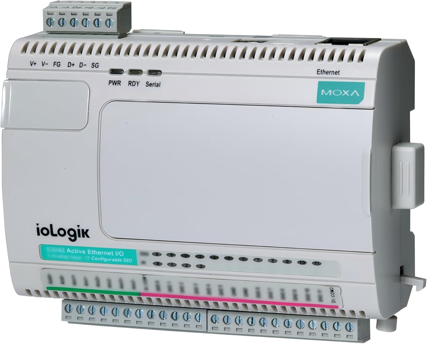 Moxa ioLogik E2210 Smart Ethernet Remote I/O device, front view with terminal blocks and Ethernet port.