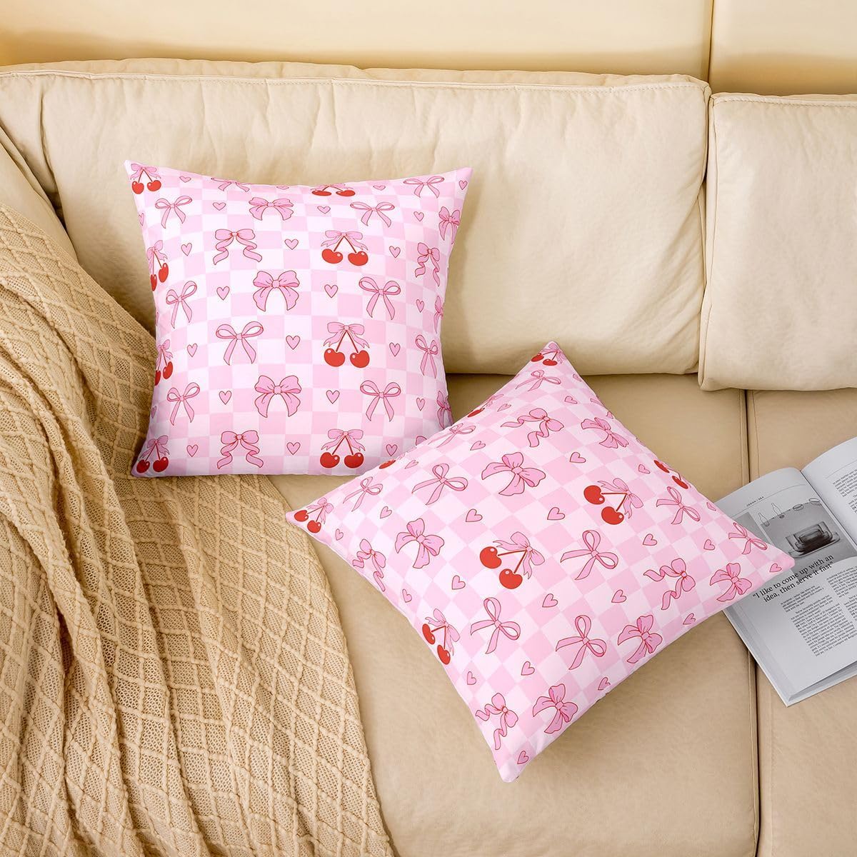 Feelyou Pink Cherry Bow Throw Pillow Covers Set of 2 Bowknot Cushion Covers Girls Princess Pillow Case for Couch Sofa Bow Tie Cushion Case Kids Boys Girls Bedroom Decor 24 x 24-Inch image 2