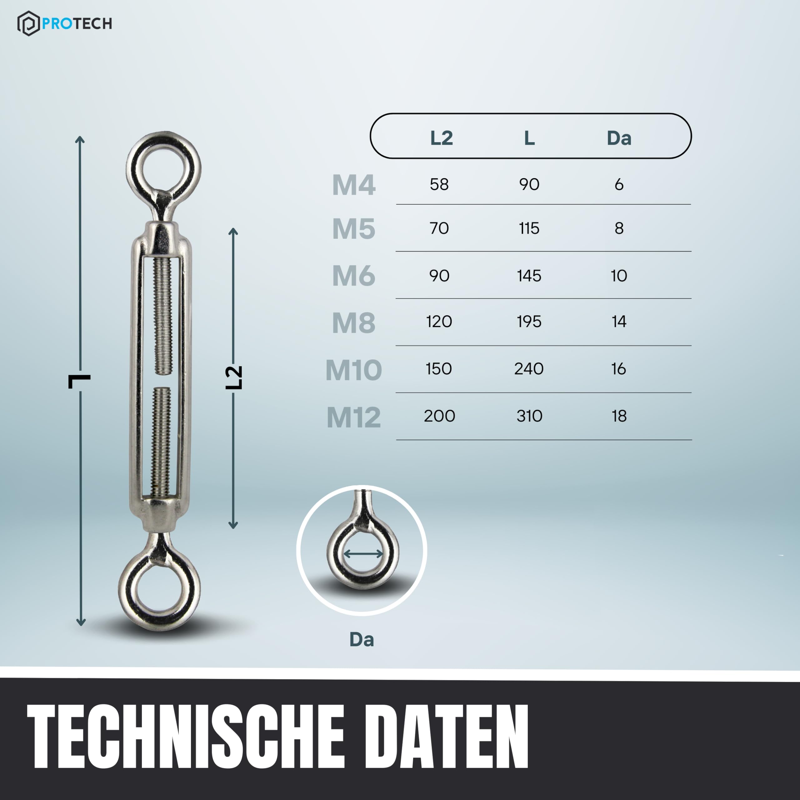 PROTECH 10 Stück Drahtspanner M12 Öse und Öse Edelstahl V4A Seilspanner Auge und Auge Spannhaken Spannschloss Spannschraube Spanner Drahtseil