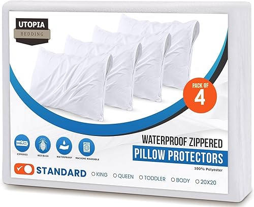Miniatura 7 de Utopia Bedding Set of 4 Waterproof Pillow Protectors with Zipper Standard Size (White), Ultra Soft Pillow Covers, Bed Bug and Dust Mite Proof Pillow