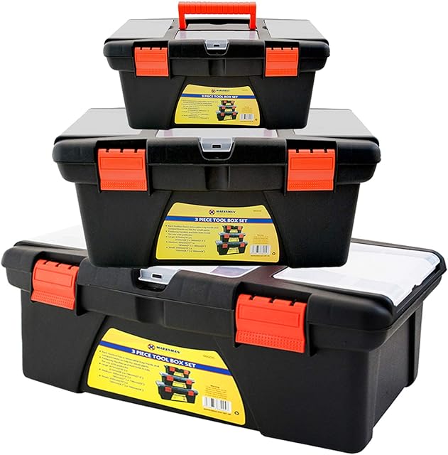 3 x Pcs MARKSMAN TOOL BOX SET Chest FREE TRAYS Heavy Duty Foldaway Carry Handle DIY Compartment Removeable Tote WORKSHOP Storage Organiser Small Medium Large Garage Home Garden Power Hand Tools UK