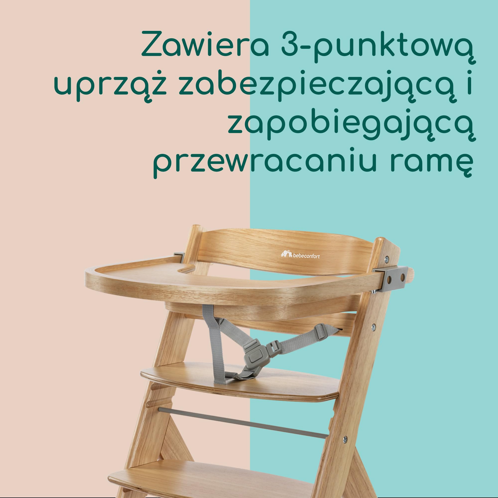 Bebeconfort Timba 2 Krzesełko Dziecięce Drewniane, 6+ Miesięcy, Do 110 kg, Ergonomiczne Krzesełko do Karmienia, Pasuje do Wielu Stołów, Wyjmowana Taca, Regulowane Siedzisko i Podnóżek, Natural Wood