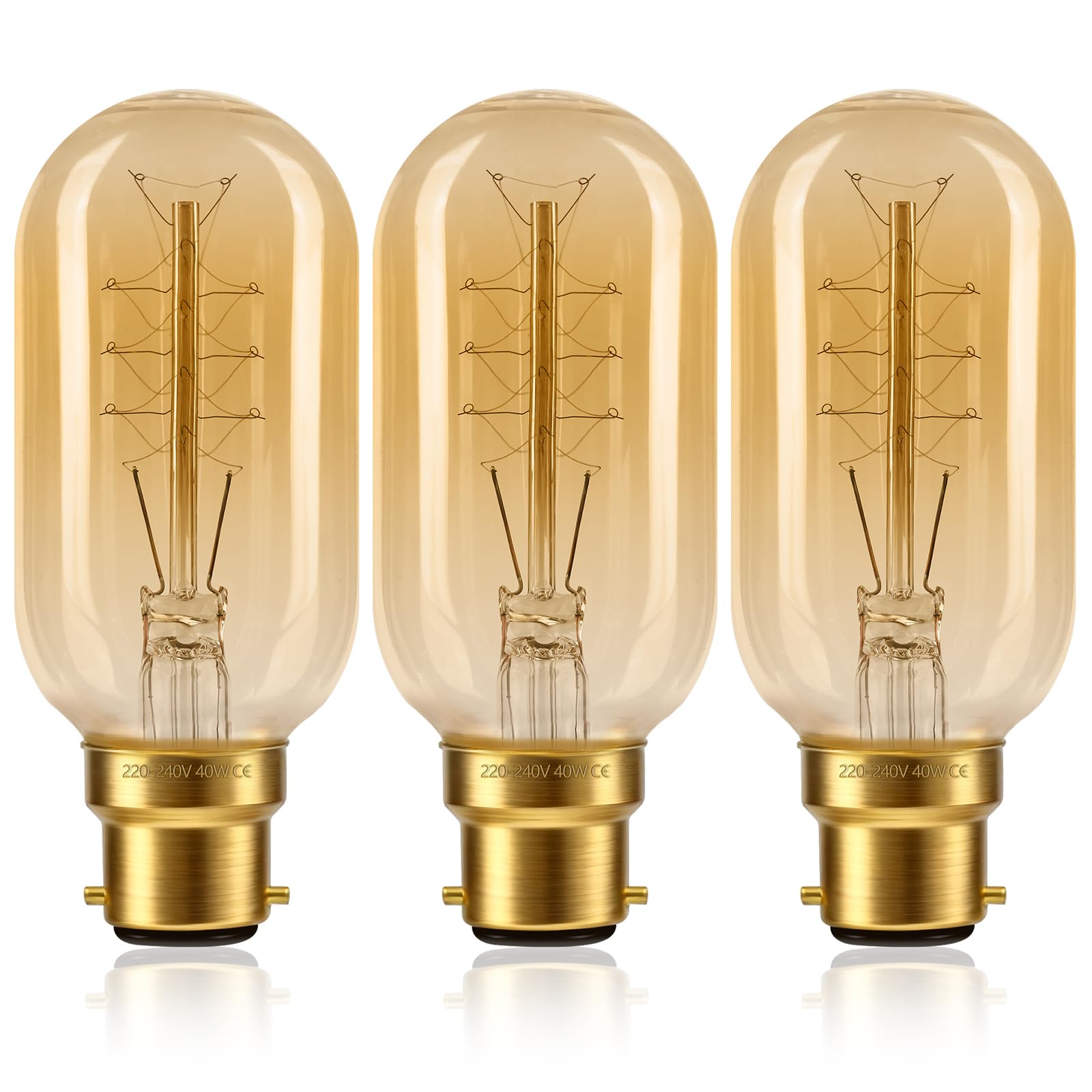 3 Pack B22 Vintage Edison Light Bulbs Bayonet Dimmable, T45 B22 BC Spiral Retro Filament Bulbs, Warm White 2200K, Suitable for Bedrooms, Chandeliers, Cafes, Bookstores, and Decorative Lighting