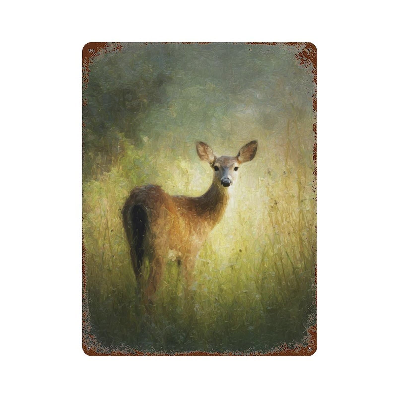 Rustic Tin Plaque Deer in Grass Field 15.7"x11.8", Vintage Wall Decor for Pub, Kitchen And Man Cave Decor
