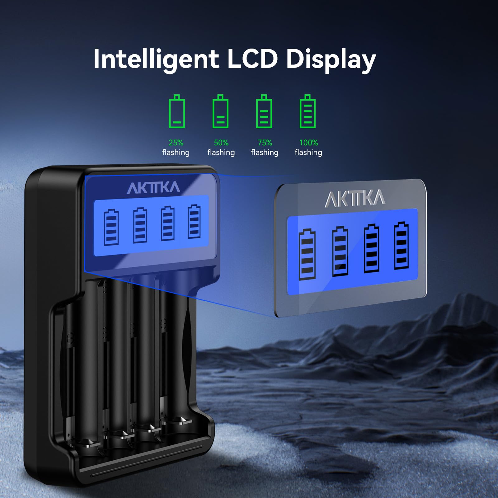 AKTTKA Cargador de Baterías 18650 Inteligente de 4 Bahías Indicador LCD Entrada Type-C/Micro-USB Compatible con Baterías Li-Ion de 3,7V (18650/21700) y Baterías NiMH de 1,2V (AA/AAA/C) Recargables — view 3