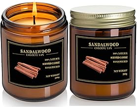 CHLOEFU LAN Sandalwood Scented Candles for Home, Highly Scented, Natural Wax, 45 Hours Long Burning, Aromatherapy Candles in Giftable Box for Home and Office, Cotton Wick, Amber Glass Jar 2 Pack