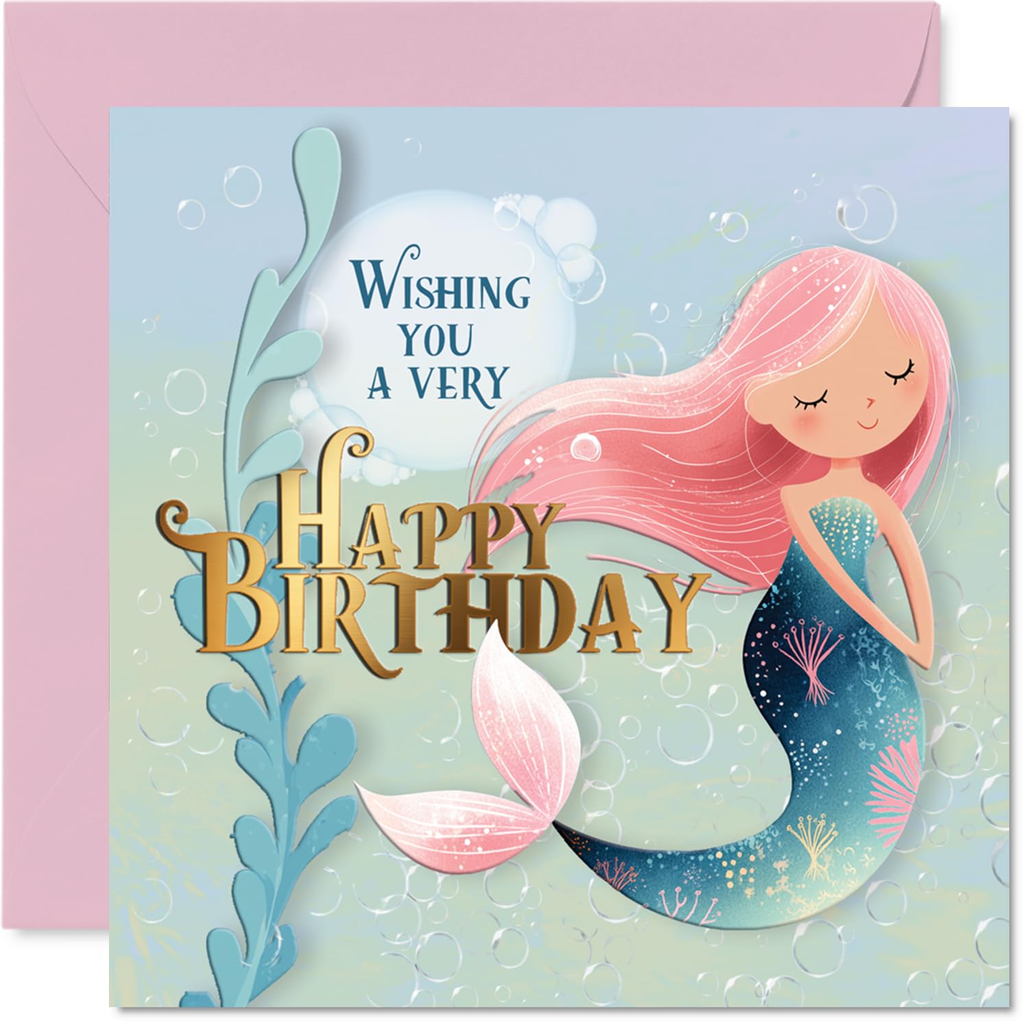 Playful Birthday Card - Make a Splash with a Bubbly Mermaid Scene - Pastel Underwater Vibes and Cheerful Design - 145mm Square, Envelope Included