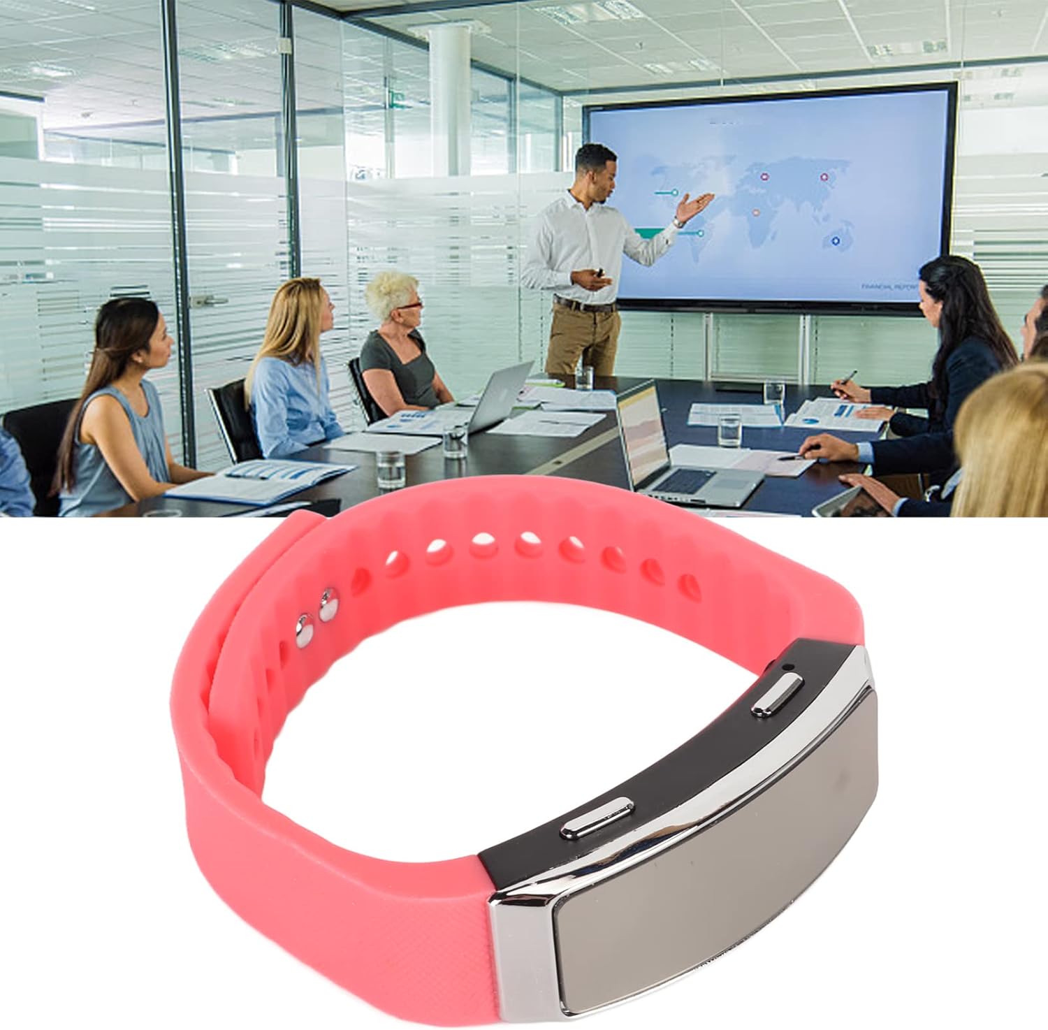 Jectse Digital Voice Recorder Watch in a meeting setting, illustrating its use for recording discussions.