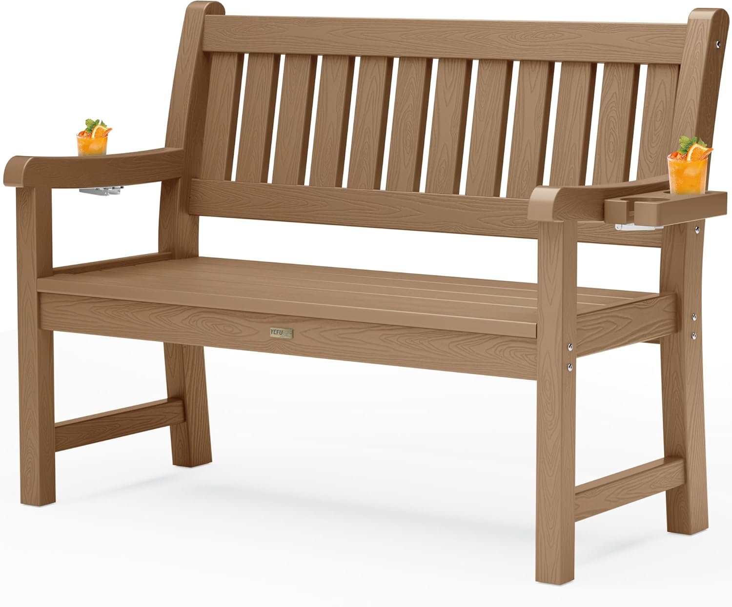 YEFU Outdoor Bench for Patio Waterproof: Heavy Duty 2-Person Garden Bench with 2 Cup Holders & Oversized Seating - HIPS Weatherproof Patio Benches for Front Porch Backyard Park, Black