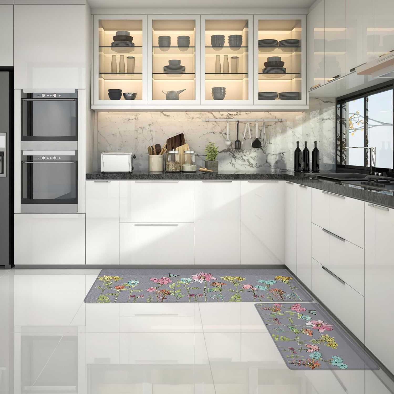 Kitchen Mats for Floor 2 Piece Grey, Colorful Flower Butterfly Kitchen Floor Mats for in Front of Sink, Floral Kitchen Rugs Non Slip Washable