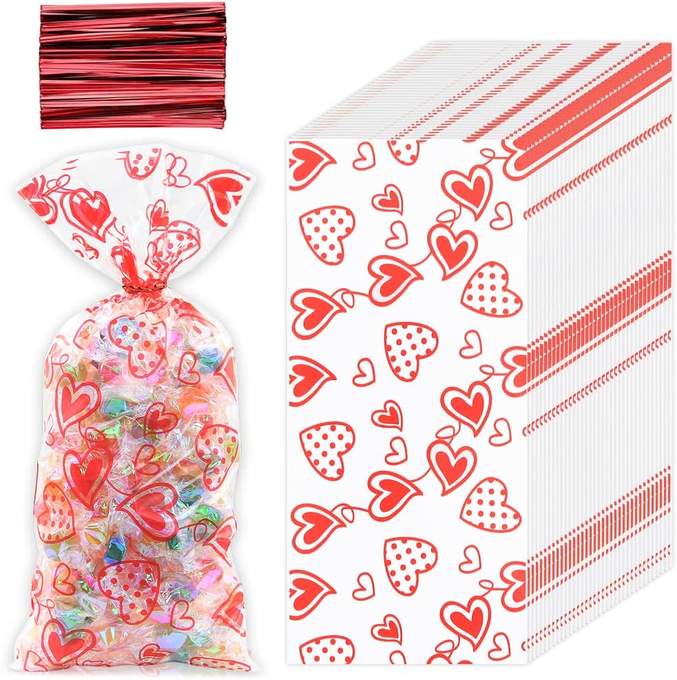 Boerni Valentine Cellophane Plastic Candy Cookie Treat Goodies Gift Heart Bags 120pcs And Gold Twist Ties for Valentine Party Supplies image 2