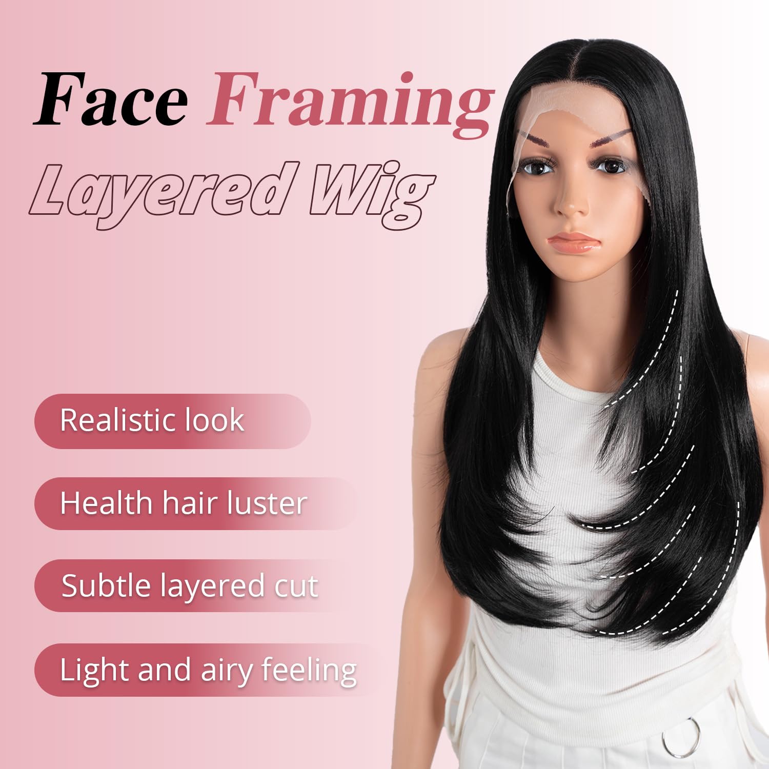 Style Icon Layered Wig Glueless Synthetic Lace Front Wigs 24 inch Natural Black Long Layered Straight Hair Wig for Women 13x4x1 T Part Lace Pre Plucked Hairline - Image 3