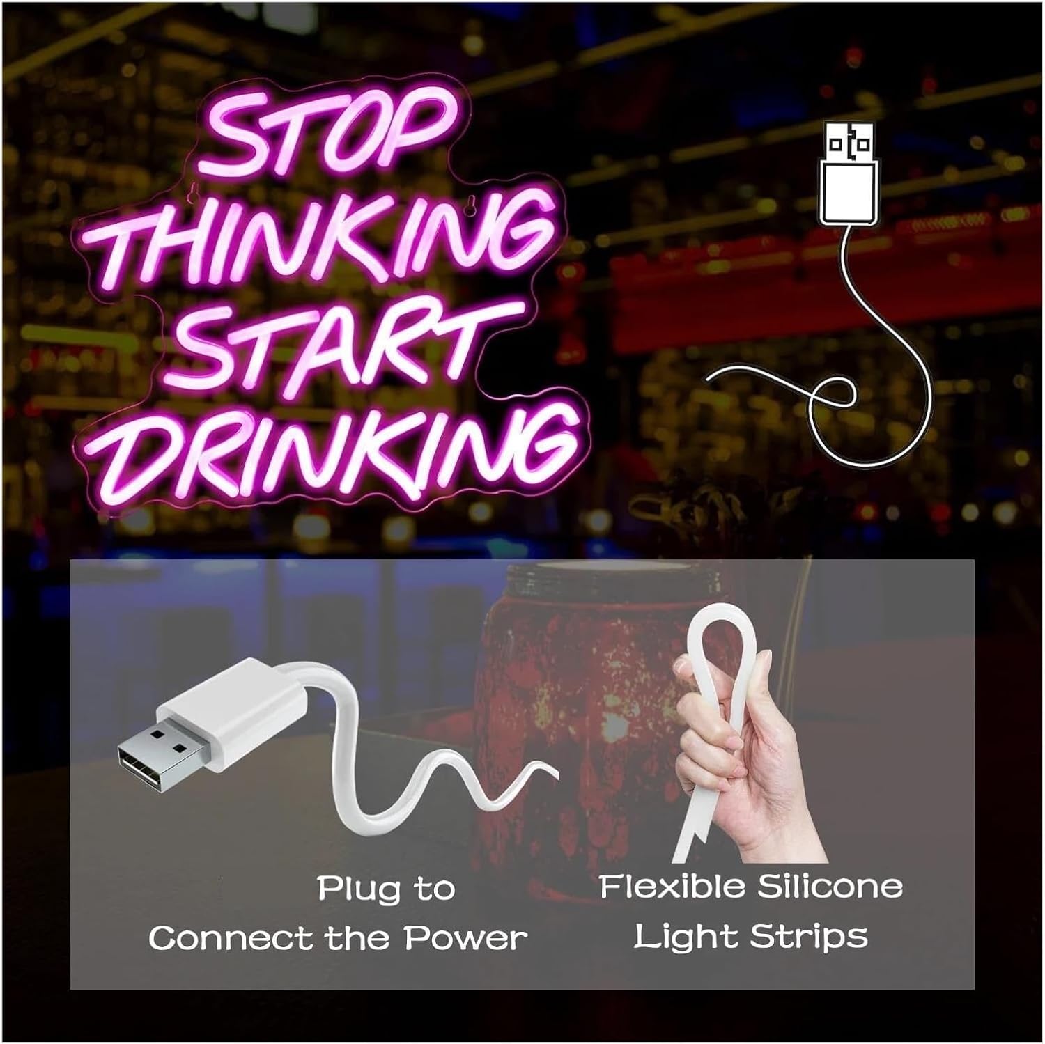 Neon Signs Stop Thinking Start Drinking Sign Personalized Led Lights Bar Room Home Studio Restaurant(C) image 3