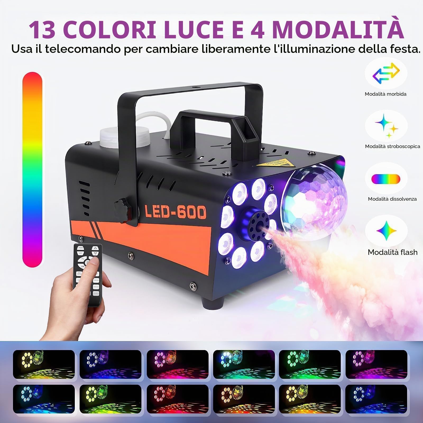 Macchina del Fumo 600W con Effetti LED RGB 13 Colori & Luce Disco – Macchina Nebbia 3000CFM con Telecomando Cablato/Senza Fili, Ideale per Halloween, Feste, Matrimoni, DJ Set, Interno ed Esterno