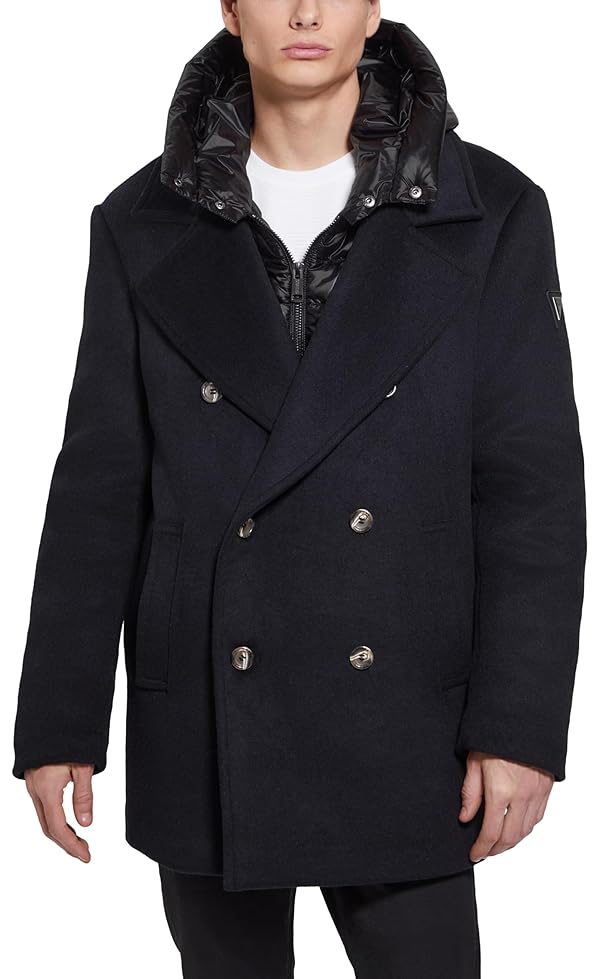 Guess Mens Jeff Double Breasted Peacoat Hooded Quilted, Navy Sea, Small by GUESS - Used condition - US$55.44