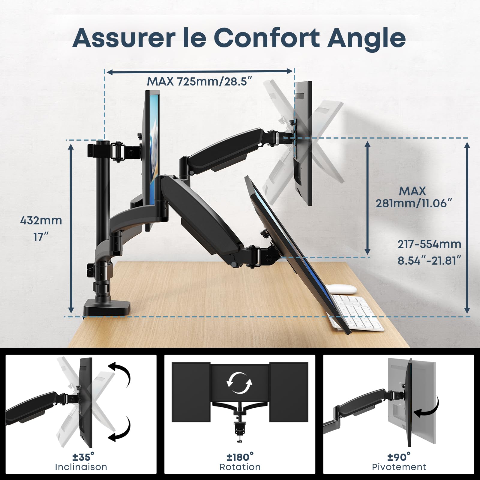 WORLDLIFT Support Ecran PC 3 Ecran, Premium Bras Articulé Ressort pour Triple Ecran 17-27", Hauteur Réglable Inclinaison Pivot et Fixation Bureau, Bras Supporte 7 kg, VESA 75/100mm
