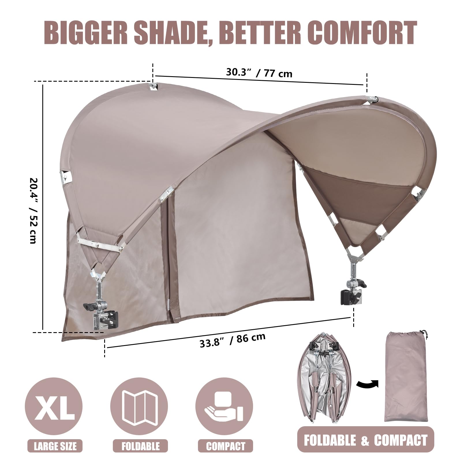 XL Universal Chair Canopy Umbrella, UPF 50+ Foldable Sun Shade Attachment with Adjustable Clamp for Beach, Camping, Sports, Outdoor, Lawn, Tanning, Zero Gravity Chairs, Wagon, Wheelchair, Patented