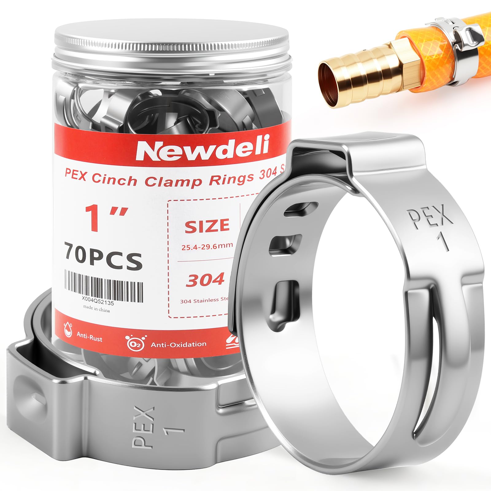 Newdeli 70pcs 1 inch Pex Crimp Rings Stainless Steel PEX Clamps Single Ear Hose Clamps Pex Fittings Cinch Pinch Clamp for Pipe Tubing Plumbing