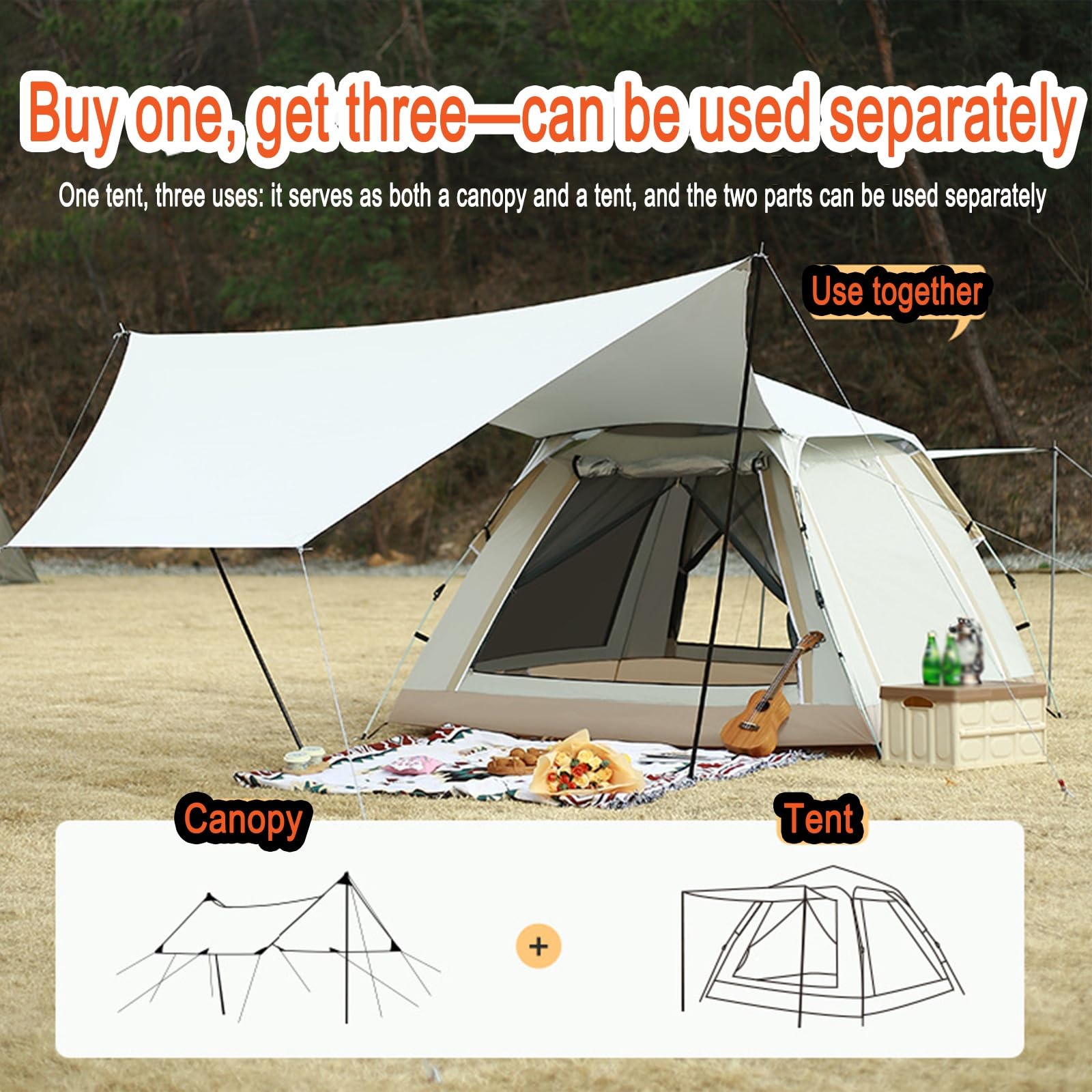 Grande Tenda Da Campeggio Staccabile Con Tettoia, Pop-up Copertura Antipioggia E Riparo Dal Sole, Impermeabile Antivento For Spiaggia, Escursioni, Picnic