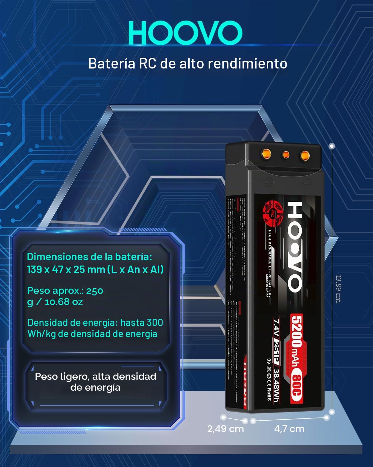 HOOVO 2S Batería de LiPo 7,4 V 80 C 5200 mAh RC Batería rígida con conector Deans-T para RC Auto Barco Camión Truggy RC Hobby (2 paquetes)