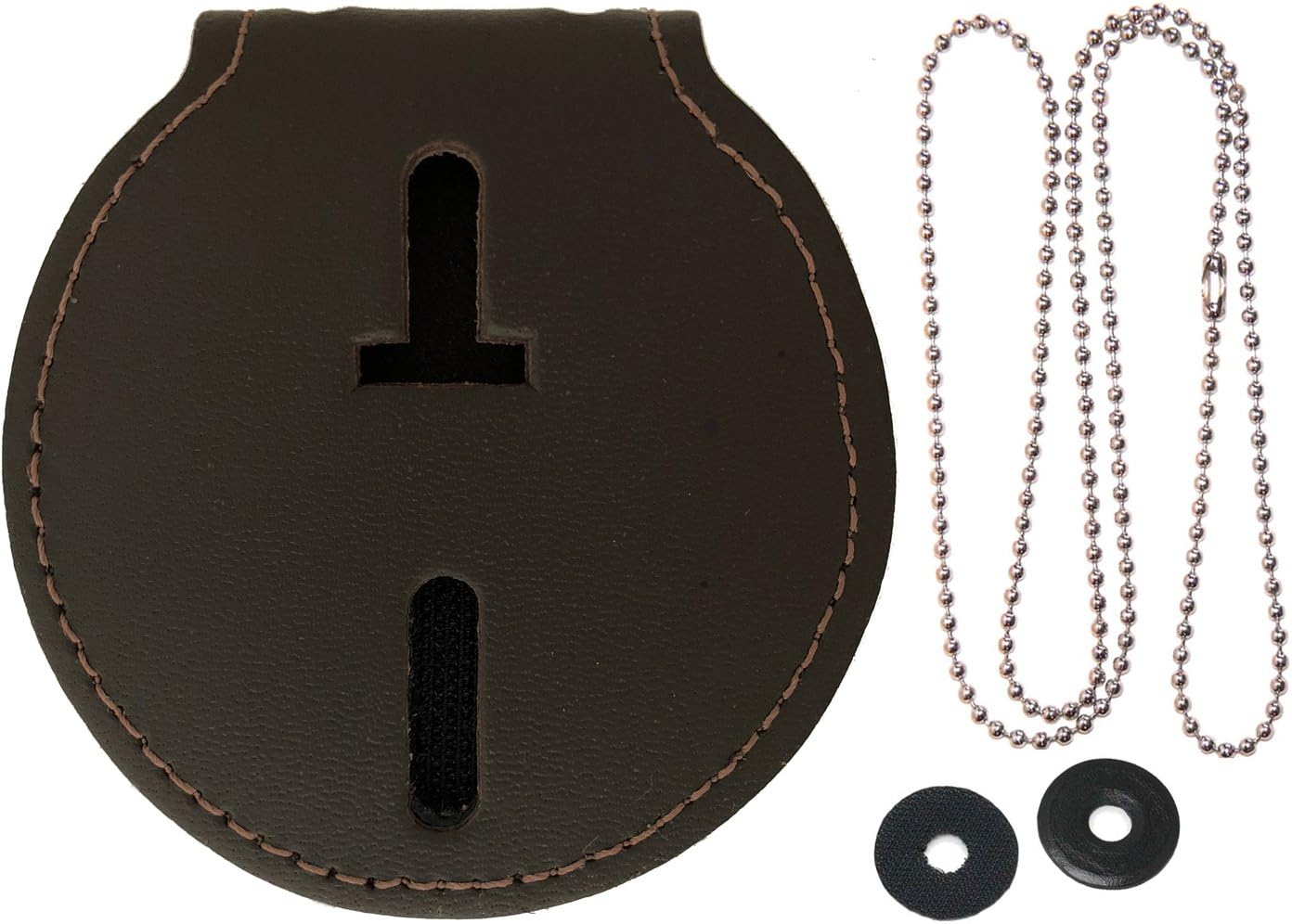 Round Police Badge Holder Belt Clip with Chain - Dark Brown Leather - Perfect Fit USA