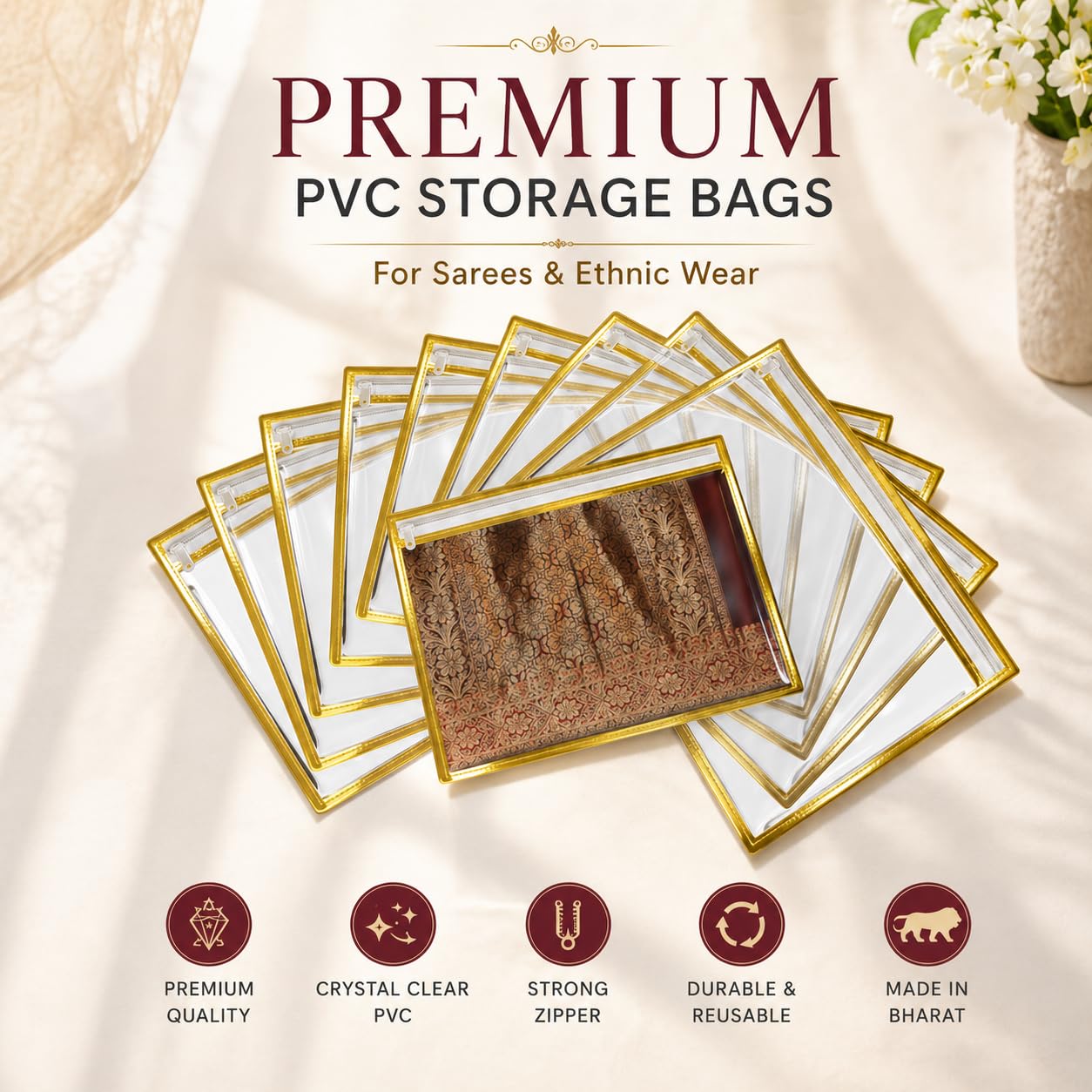 FabPax Saree Cover Set of 10 - Transparent Single Saree Bags with Zip, Dustproof Non-Woven Wardrobe Organizer for Silk, Designer, Wedding Sarees, Lehenga, Blouse, Suit (36x42 cm, Golden) 1