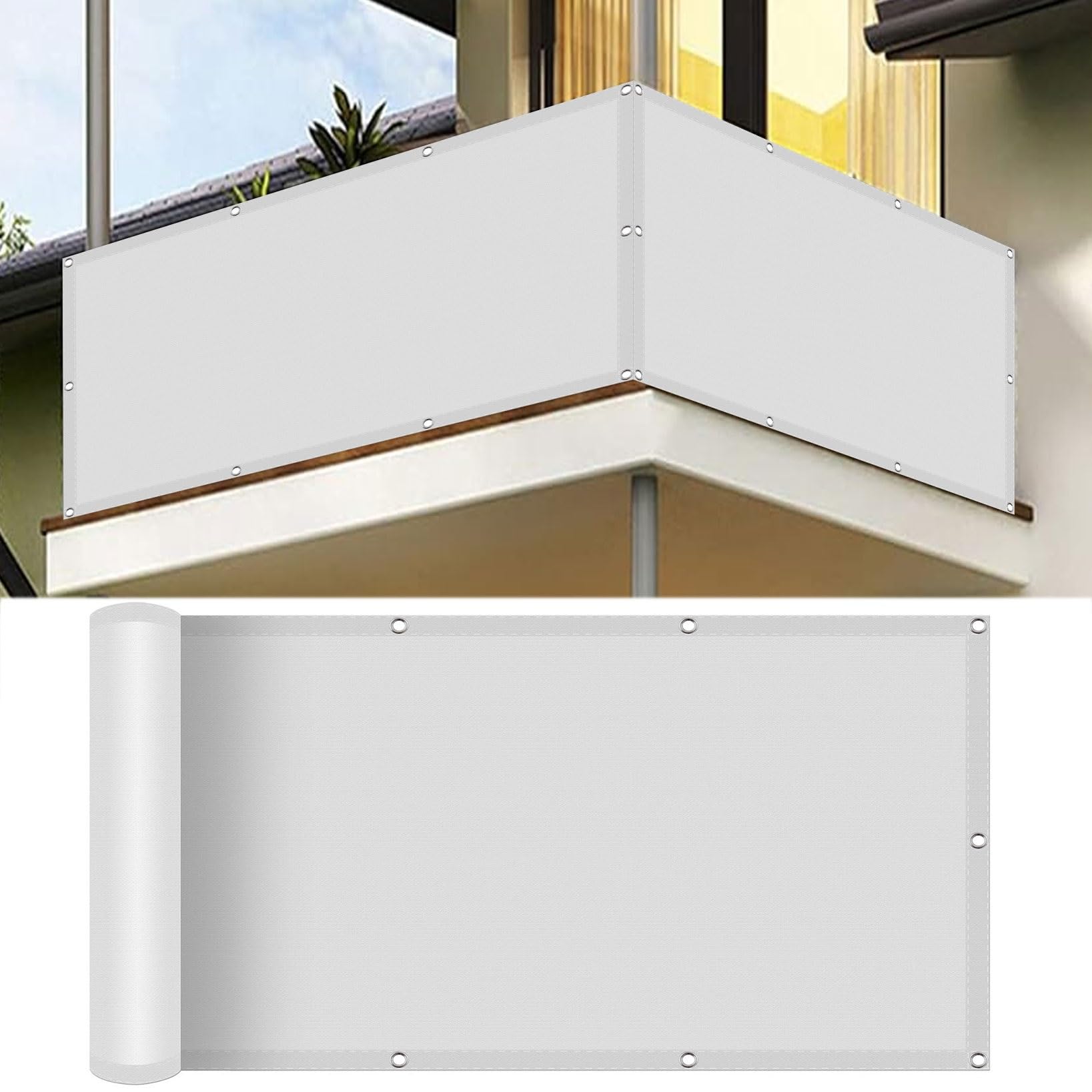 Pantalla para Balcón Impermeable 110 x 650 cm Resistiente Al Viento y Polvo Toldo para Balcón Valla Privacidad con Cuerda Libre Pantalla Protectora para Barandilla de Terraza, Blanco