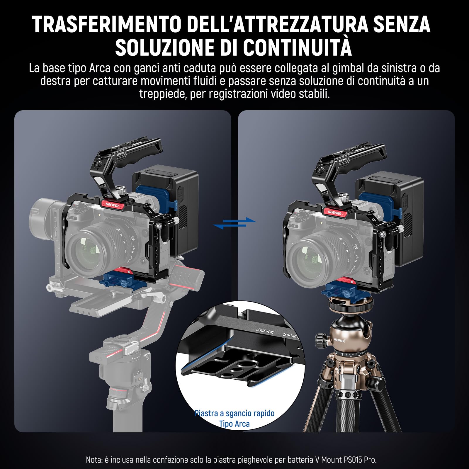 NEEWER PS015 PRO V Mount Battery Plate con Piastra a Sgancio Rapido Tipo Arca e Panno Pulizia, Adattatore V Lock Pieghevole per NEEWER PS099E Compatibile con DJI RS4 RS3 Gimbal Camera Cage Video Rig