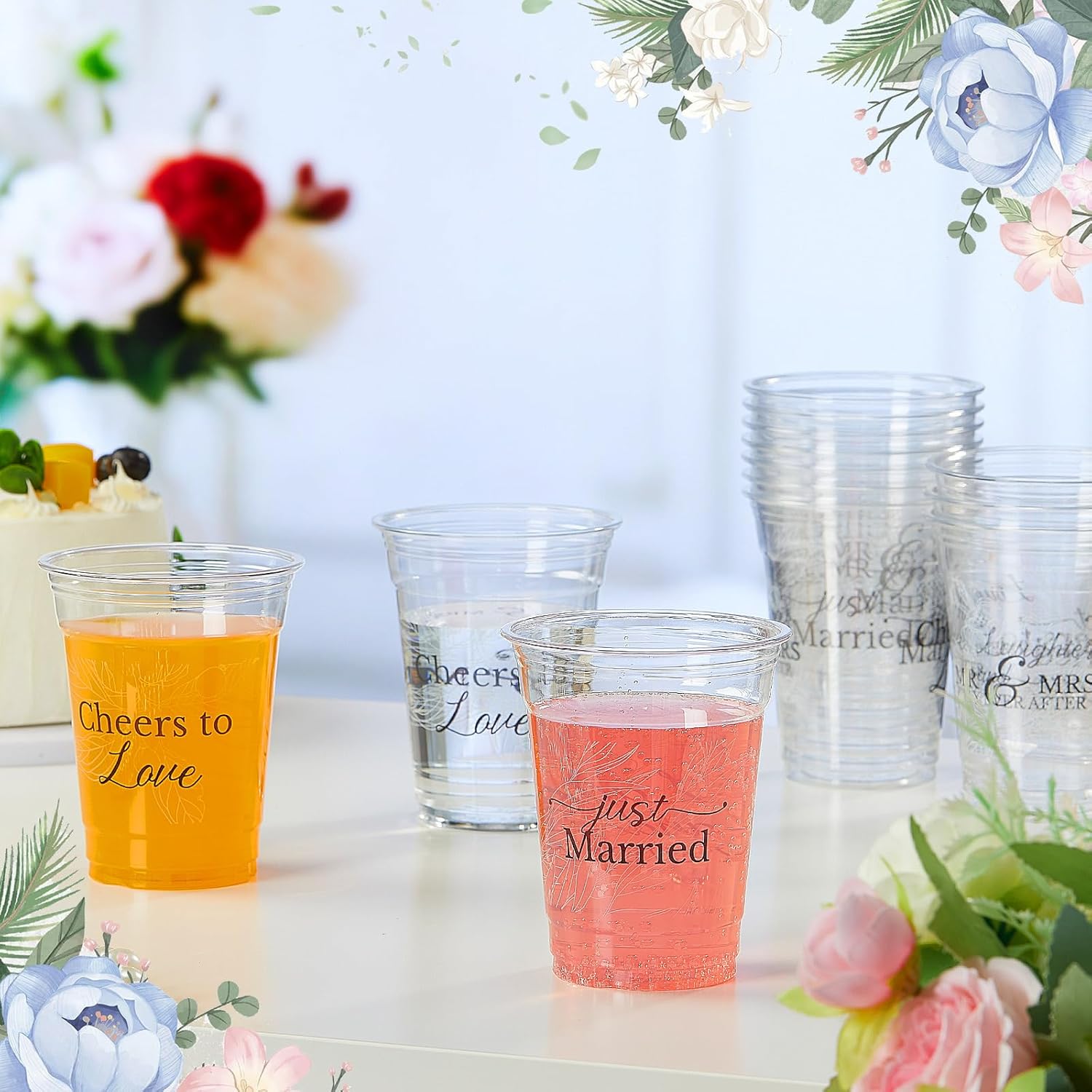 200 Pcs Wedding Plastic Cup 12 oz Wedding Disposable Cups for Reception Thick Clear Cup Happily Ever After Mr and Mrs Just Married Cups for Bridal Shower Decorations