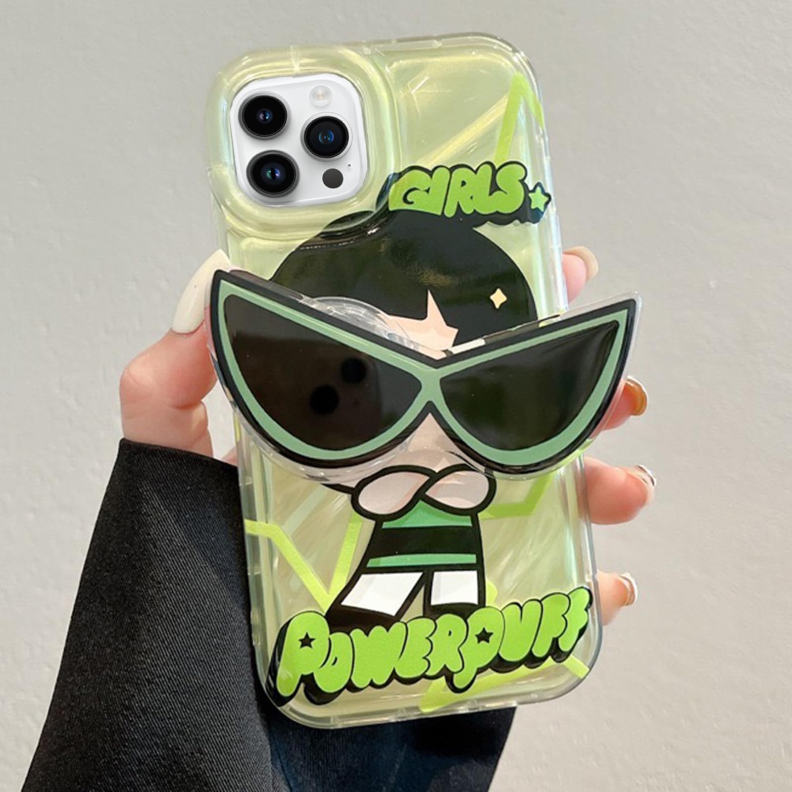 for iPhone 15 Pro Max Cartoon Case with Grip Holder Sunglasses Shape Stand Cute Laser Bling Glitter Clear Translucent Card Soft Shockproof Phone Cover for iPhone 15 Pro Max 6.7 Inch (Green)