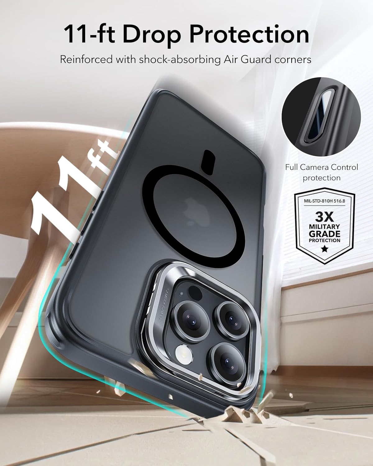 ESR for iPhone 16 Pro Max Case,Camera Control Button Compatible with MagSafe, Military-Grade Protective Case, Built-in Stash Stand Phone Case Classic Series, Frosted Black - Image 8