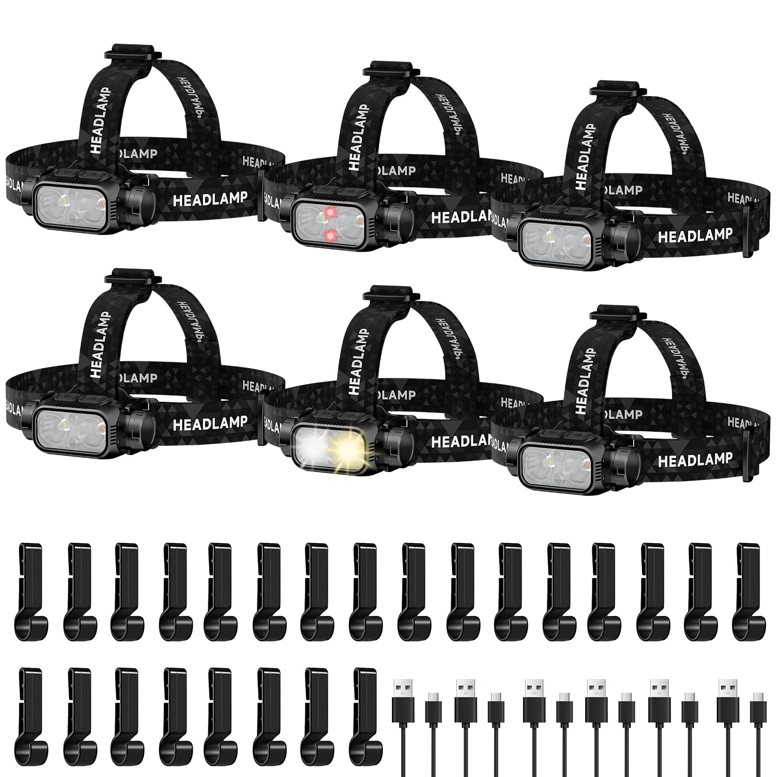 ATDOALL Wiederaufladbare LED-Stirnlampe, 6 Stück, hohe Lumen, superhelle Stirnlampe mit rotem Licht, Bewegungssensor, 5 Modi, 90° verstellbar, wasserdicht, leicht, Stirnlampen für Erwachsene, Laufen