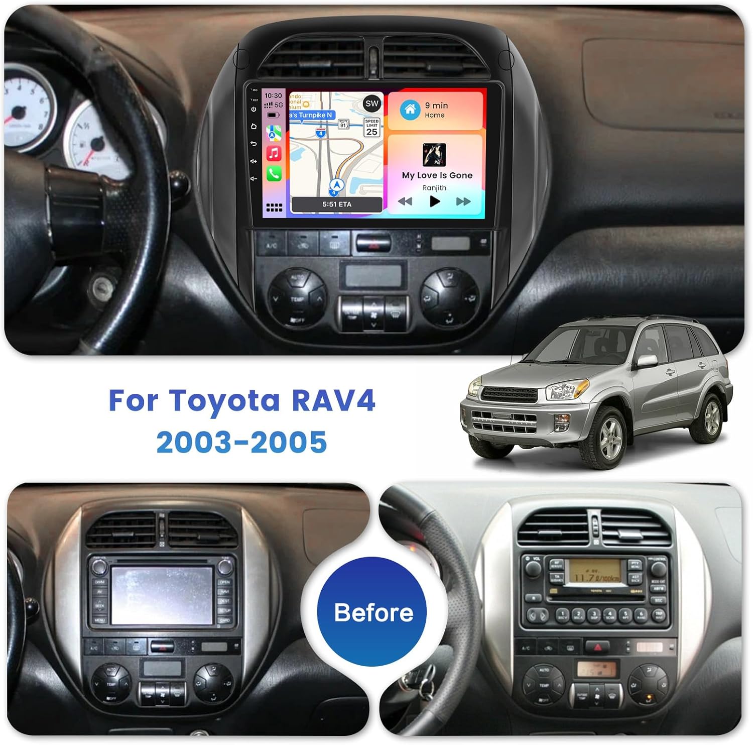 [2+64GB] Android 15 Car Radio for Toyota RAV4 2003-2005 with Wireless Carplay Android Auto, 9 Inch HD Touchscreen Car Stereo with GPS WiFi Bluetooth FM/RDS EQ SWC 26UI Backup Camera MIC
