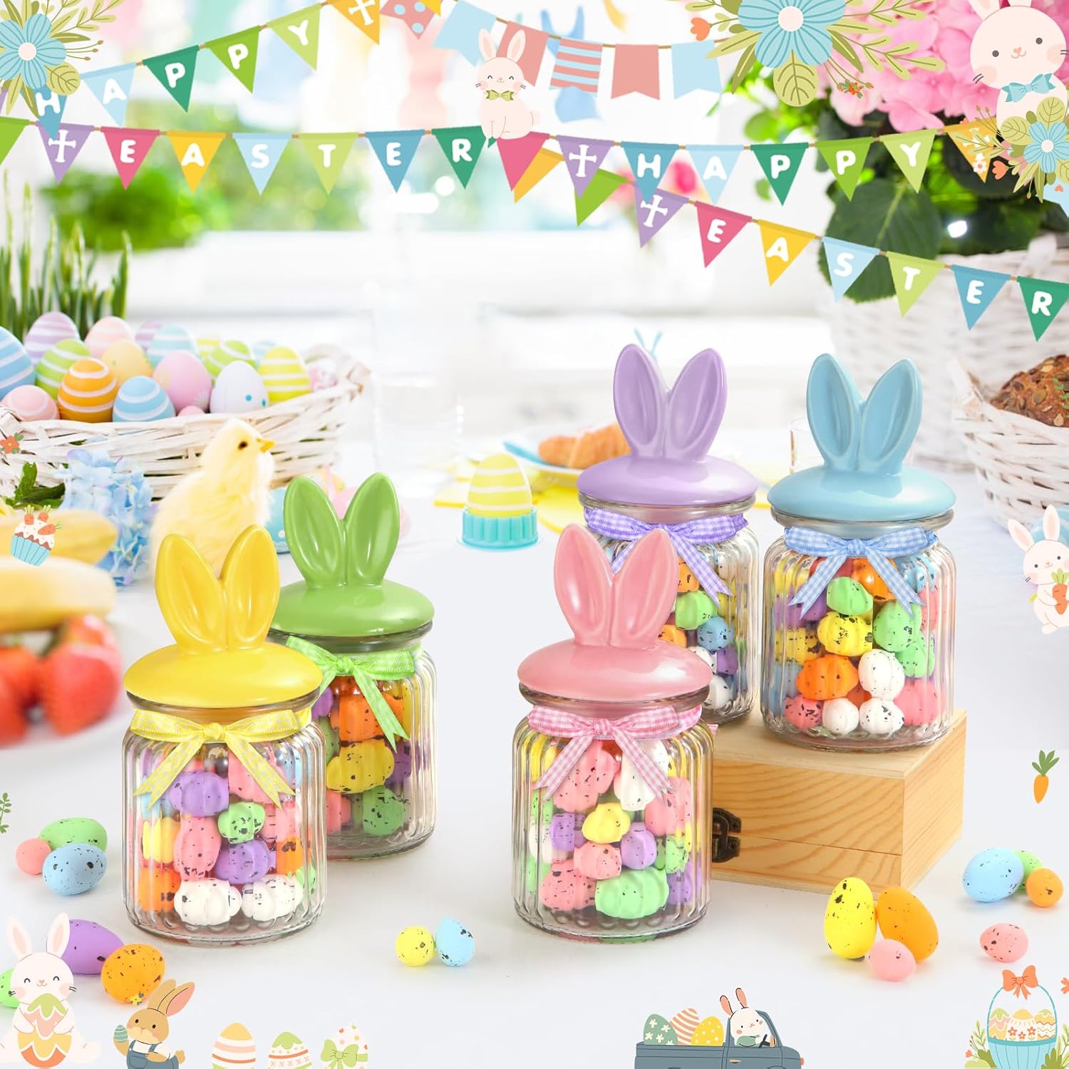 Easter Decorations - 5 PCS Easter Glass Candy Jar with Ceramic Bunny Shaped Lid Easter Cookie Decorative Jar with Gingham Ribbon Bows for Easter Table Centerpiece Decorations - Image 4