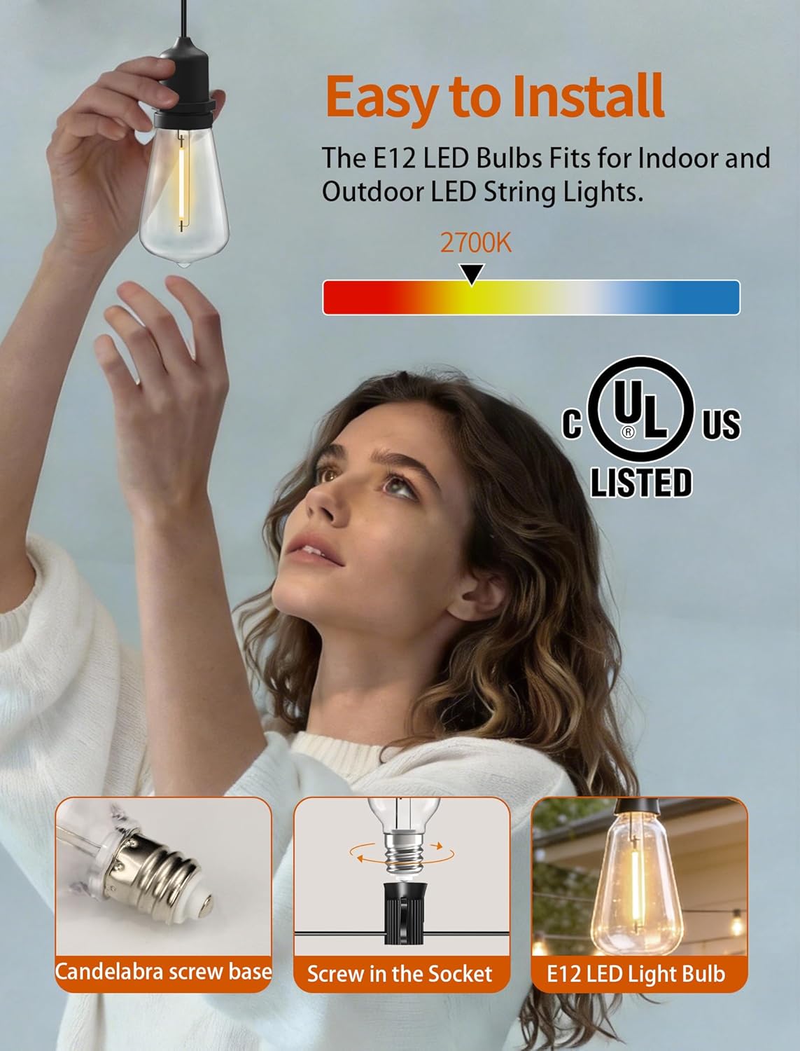 25 Pack E12 Edison LED Bulbs Dimmable, ST38 Vintage Replacement Bulbs for Patio Outdoor String Lights, 0.6W Shatterproof/Waterproof Candelabra Base, E12/C7 Warm White 2700K