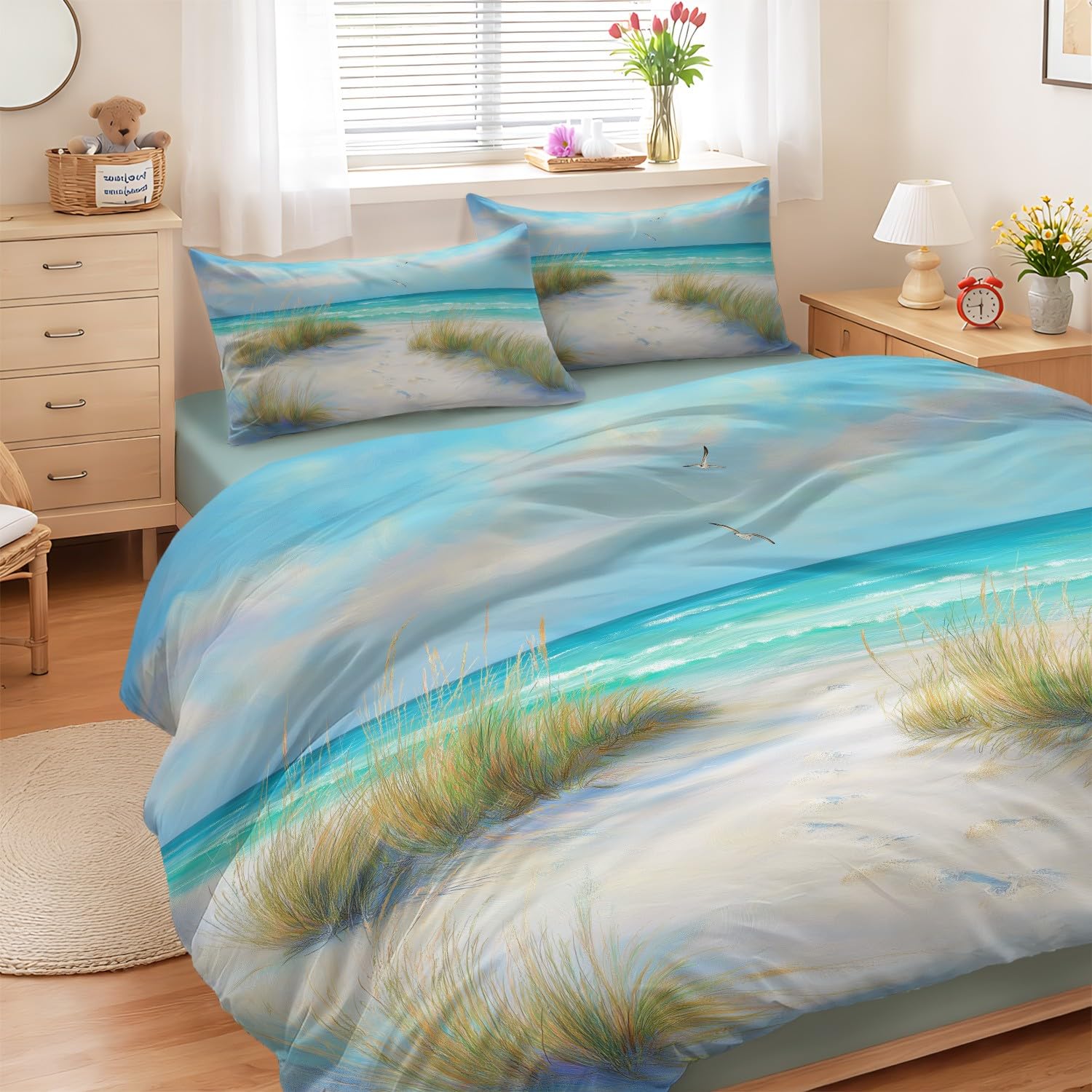 Housse de couette plage 140x200 cm avec drap-housse imprimé oiseaux pour lit enfant