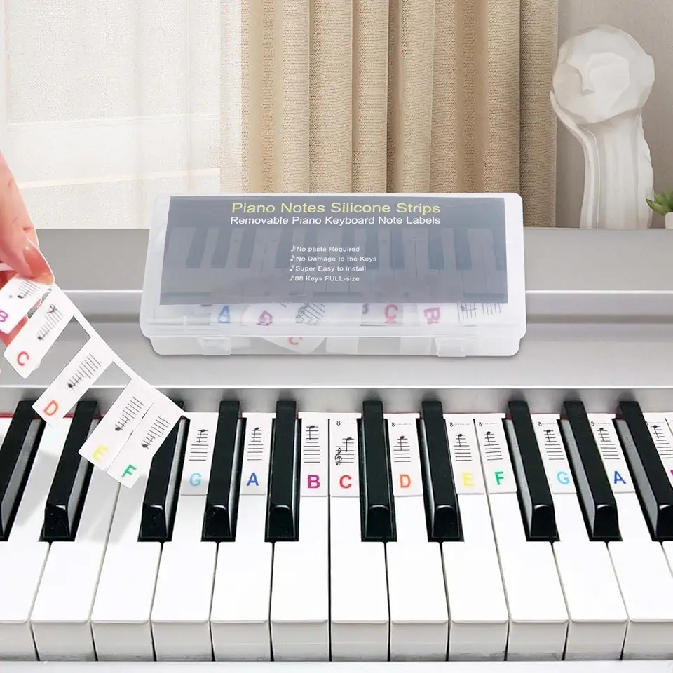 Adesivos de teclado de piano, guia de notas coloridas de piano para iniciantes, removíveis, tamanho completo de 88 teclas, reutilizável