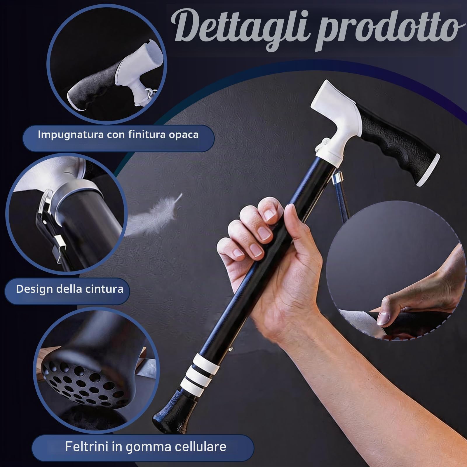 Canne de Marche, Bastone da Passeggio a 4 Sezioni de 38,5 à 96,5 cm Bastone da Trekking Telescopico de 47,5 à 105 cm Bastone da Passeggio 2 en 1 avec Poignée Ergonomique et Embout en Caoutchouc