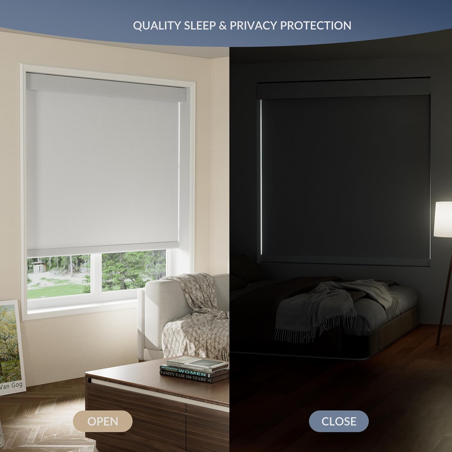 A split image showing a room with the roller shade open, allowing light, and the same room with the shade closed, demonstrating complete blackout.