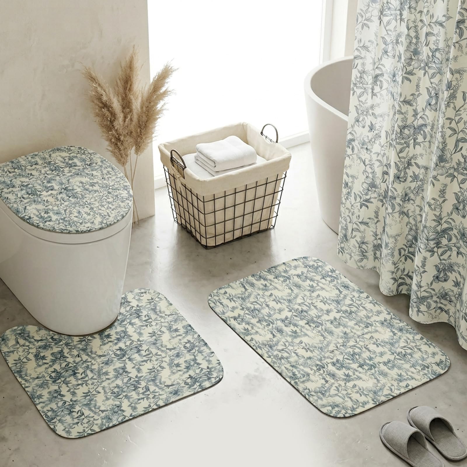 YUNYOUC 4Pcs Shower Curtain Set, Bathroom Shower Curtain with 12 Hooks, Aesthetic Bathroom Set with Bath Mat Toilet Lid Cover and U Nonslip Rug(Blue)