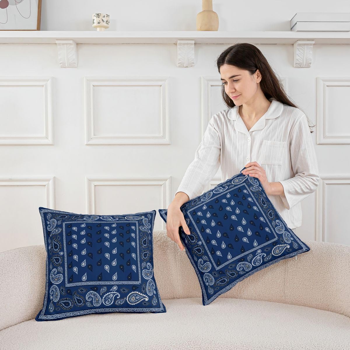 Manfei Navy Blue Bandana Throw Pillow Cover Boho Paisley Bandanas Double Sides Pillow Case for Kids Boys Girls Room Decor,Bohemian Chic Floral Cushion Cover for Bed Couch Sofa,2 Pack 18"x18" image 2