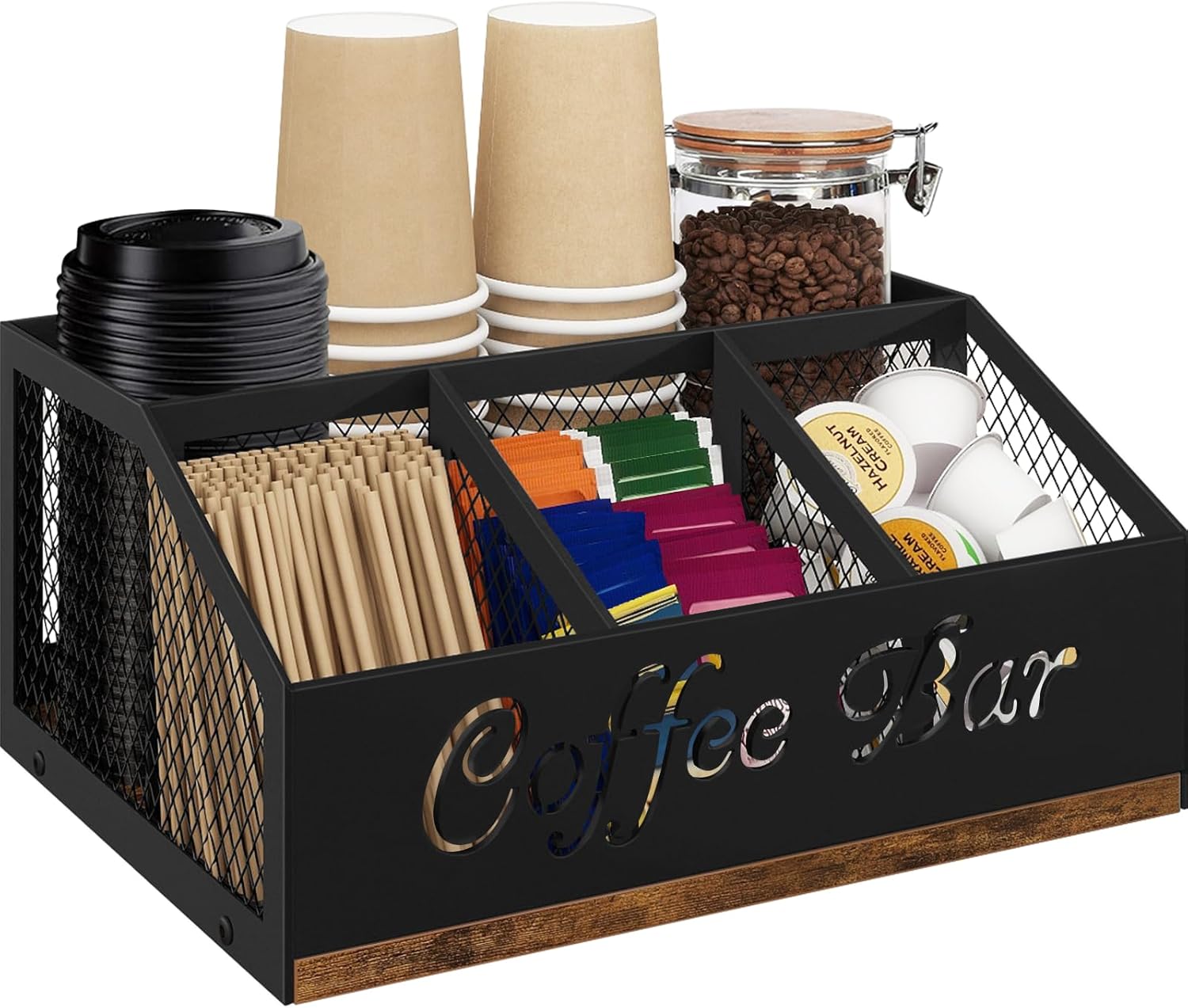 Coffee Station Organizer, Rustic Brown Wooden Countertop Coffee Bar Accessories Organizer with Metal Mesh Compartments for Pods, Syrup, Cups, Stirrer, Tea
