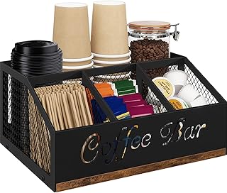 Coffee Station Organizer, Rustic Brown Wooden Countertop Coffee Bar Accessories Organizer with Metal Mesh Compartments for Pods, Syrup, Cups, Stirrer, Tea