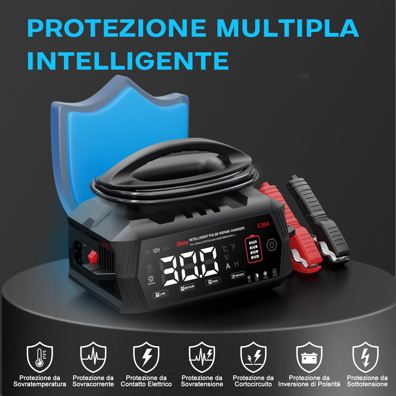 HTRC 30A Carica Batteria per Auto, 6V/12V/24V Caricabatterie Lifepo4, Caricabatterie Auto per Auto con Display LCD, Carica Batteria Auto per Barche SUV Litio LiFePo4 e Piombo Acido(AGM, GEL, WET)