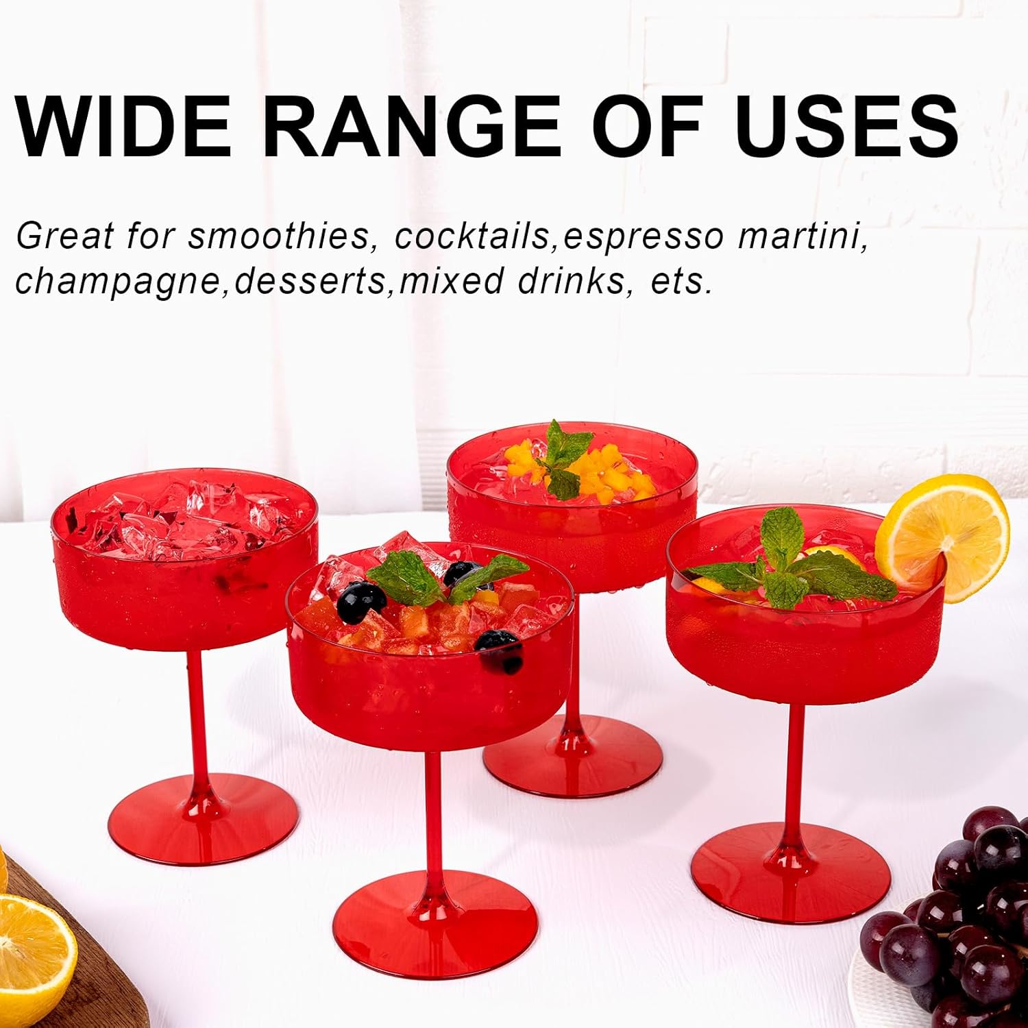 Ciaell 12PCS Plastic Martini Glasses - 10 Oz Red Disposable Coupe Glasses with Stem - Heavy Duty Margarita Cups for Bars, Cocktails, Whiskey, Parties & Wedding & Valentine's Day - Image 4