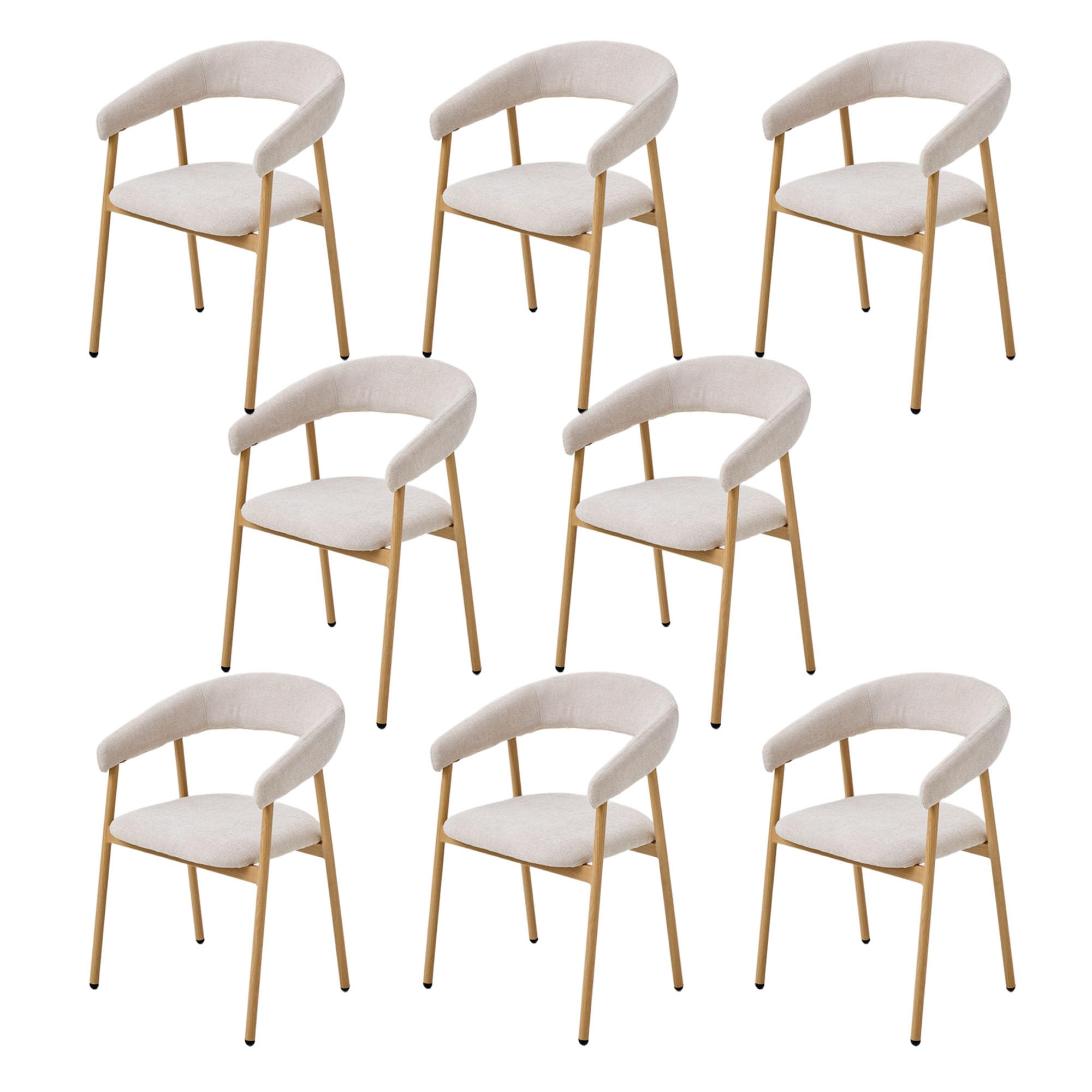 Sedie da pranzo Set di 8 ergonomiche colore beige-rovere | Bracciolo ergonomico e gambe curve in metallo con venature del legno, sedia da soggiorno