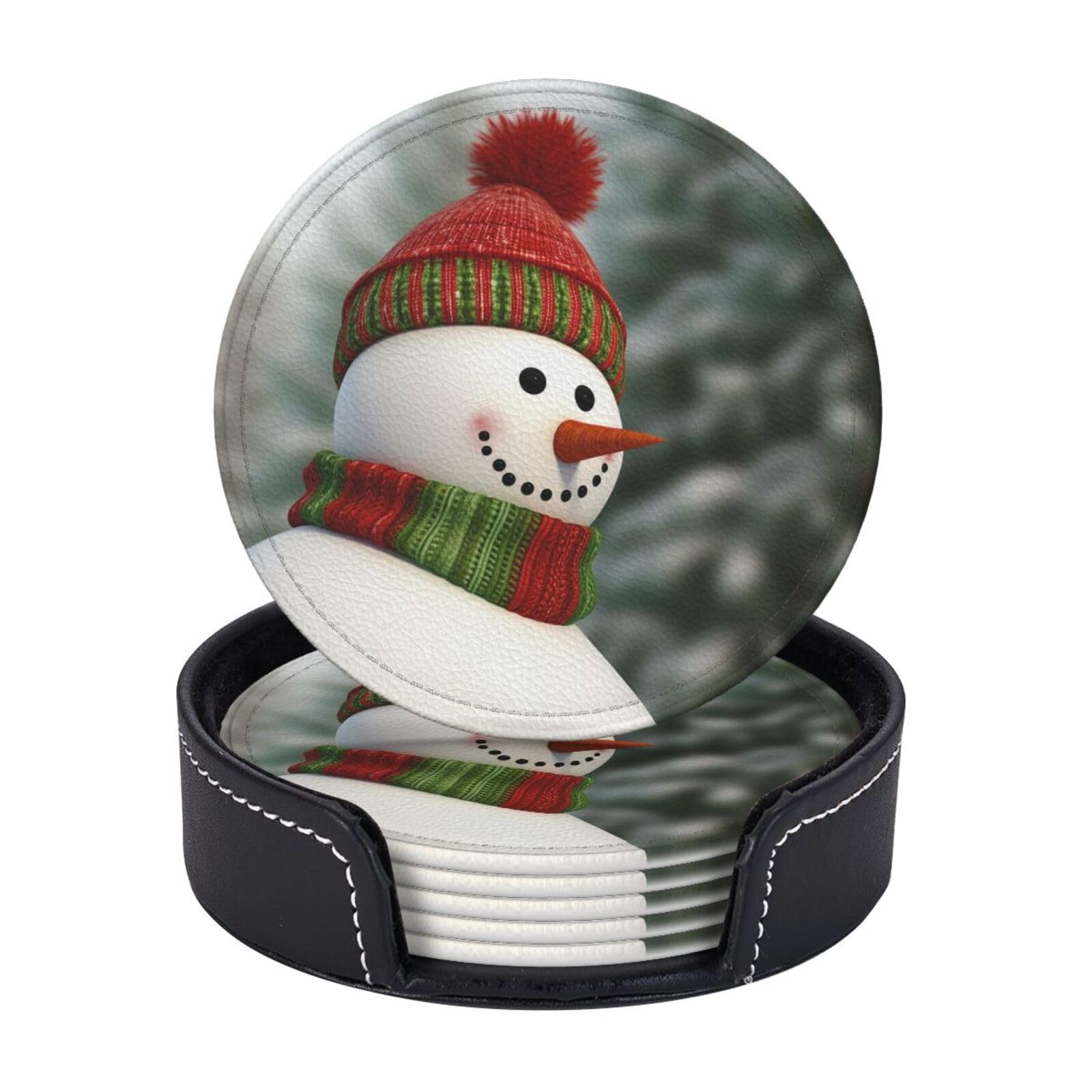 6PCS Drink Coasters with Holder, 4" Leather Coasters for Drinks, Smile Gaze Snowman Cup Coasters for Coffee Table Decor, Non-Slip Drinking Cup Mat for Hot or Cold Drink