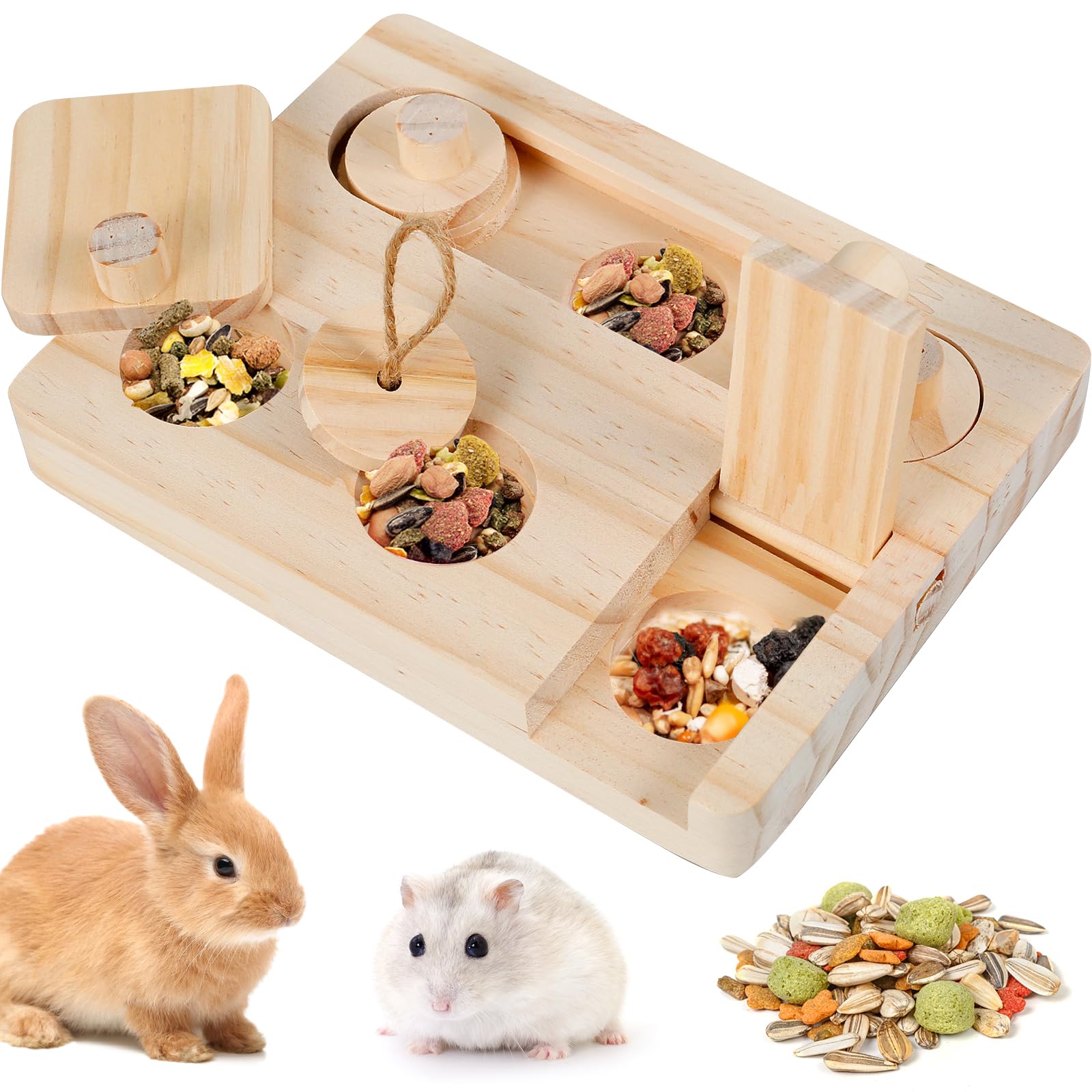 Guinea Pig Foraging Toys, 6 In 1 Wooden Hamster Interactive Enrichment Toy, Puzzle Treat Dispenser Toys Mental Stimulation Toy for Small Animals Hamsters Guinea Pigs Rabbits Chinchillas Gerbils