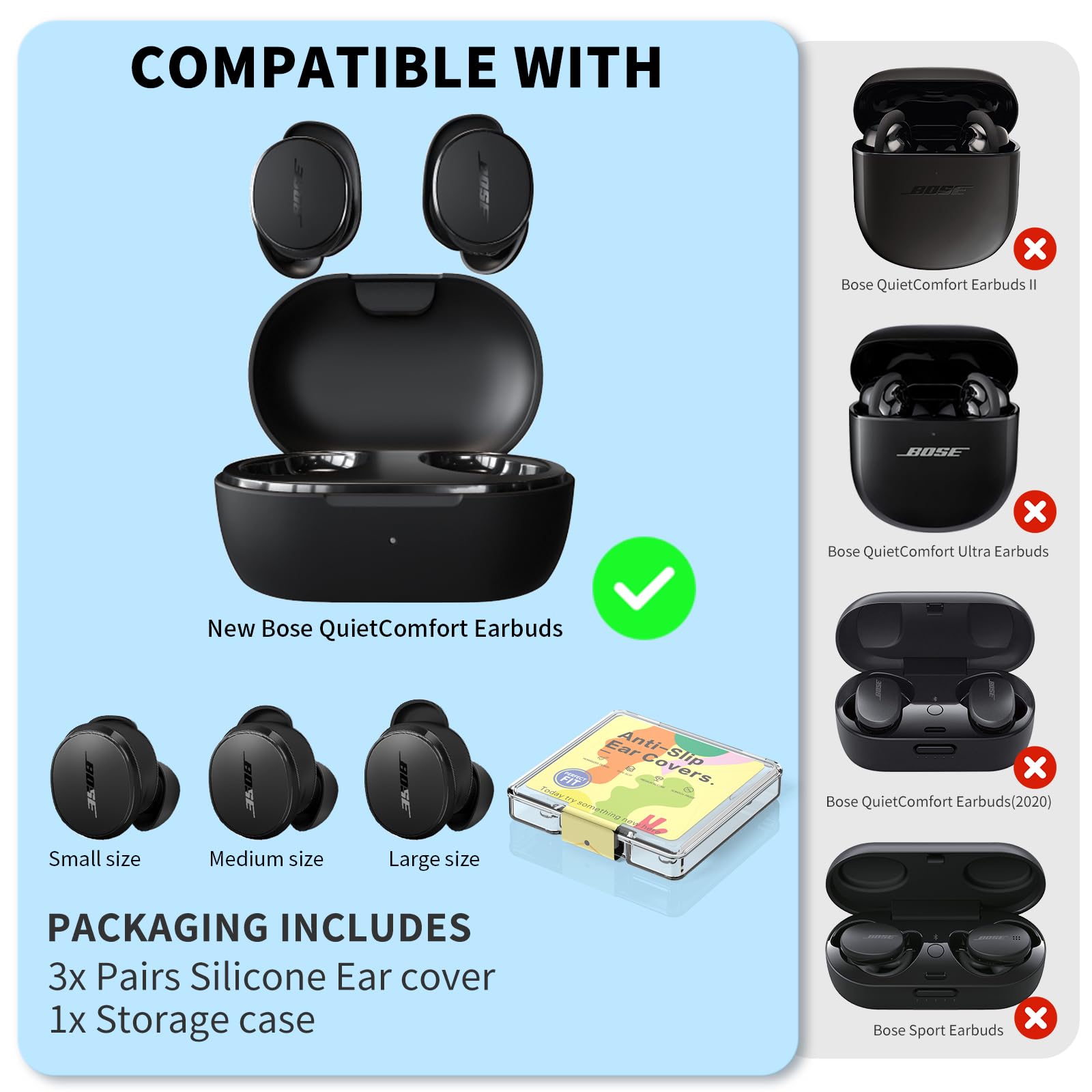 [3 Pares] Almohadillas para Auriculares Bose QuietComfort, Almohadillas Deportivas Antideslizantes de Silicona antiarañazos, Accesorios para Auriculares (S/M/L) (Negro)