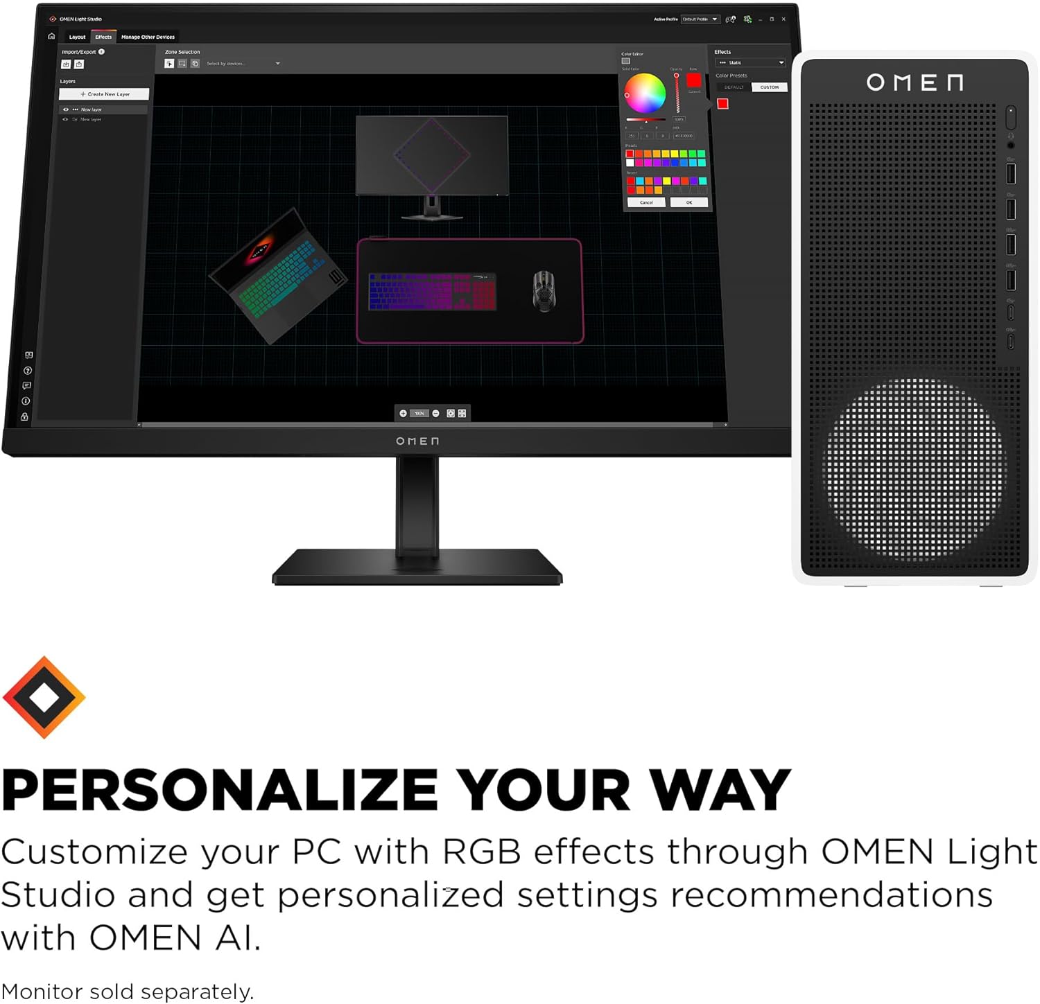 A monitor displaying the OMEN Light Studio interface for customizing RGB lighting, next to the HP OMEN 16L Gaming Desktop PC.